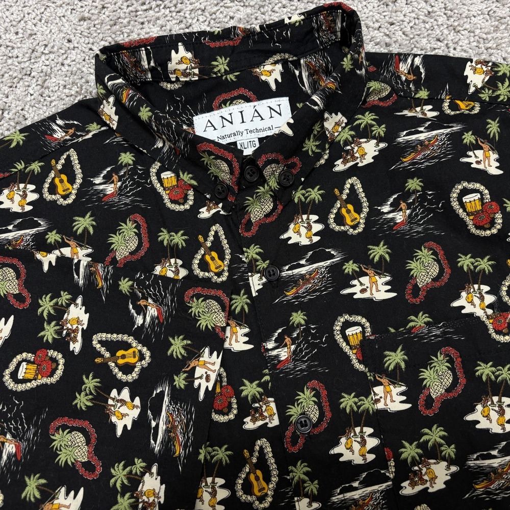 Anian Shirt Hawaiian Button Down Short Sleeve Pocket Black Canada Made Mens XL